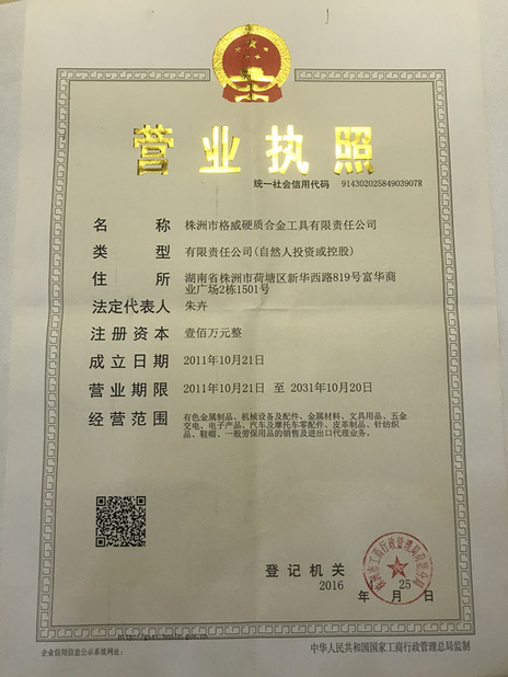 Cina Zhuzhou Grewin Tungsten Carbide Tools Co., Ltd Sertifikasi